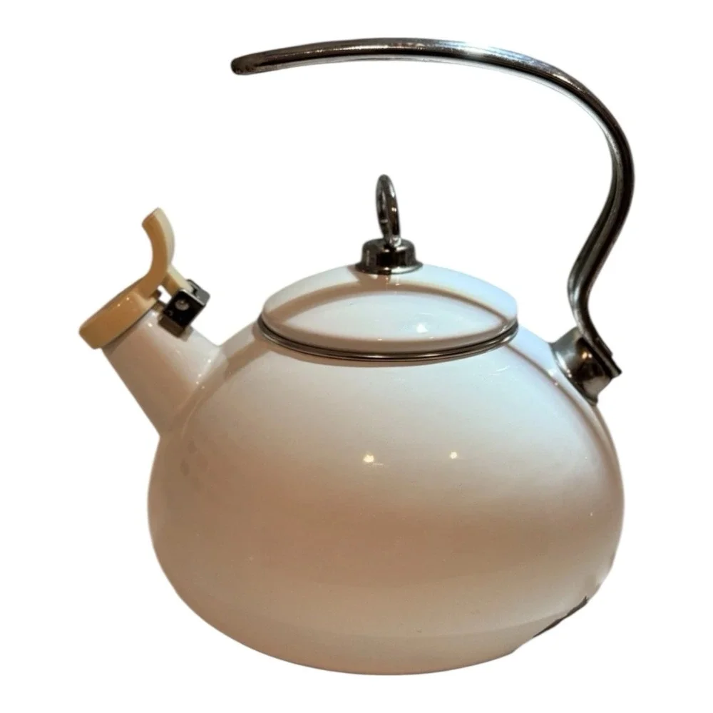 Vintage White Enamel Whistling Tea Kettle‎ Flip Spout Chipped